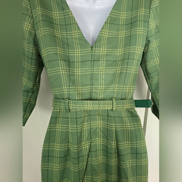 NWOT Collectif Adaline Leaf Check Green Plaid Fitted Wiggle Dress - Picture 14 of 15